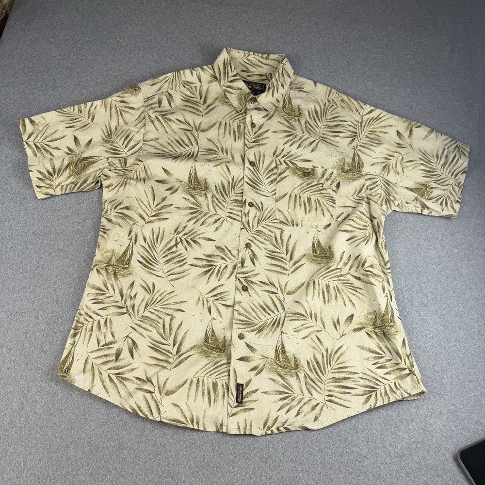 Woolrich Palm Leaf Sailboat Camp Shirt Mens XL Tropical Hawaiian Button Up
